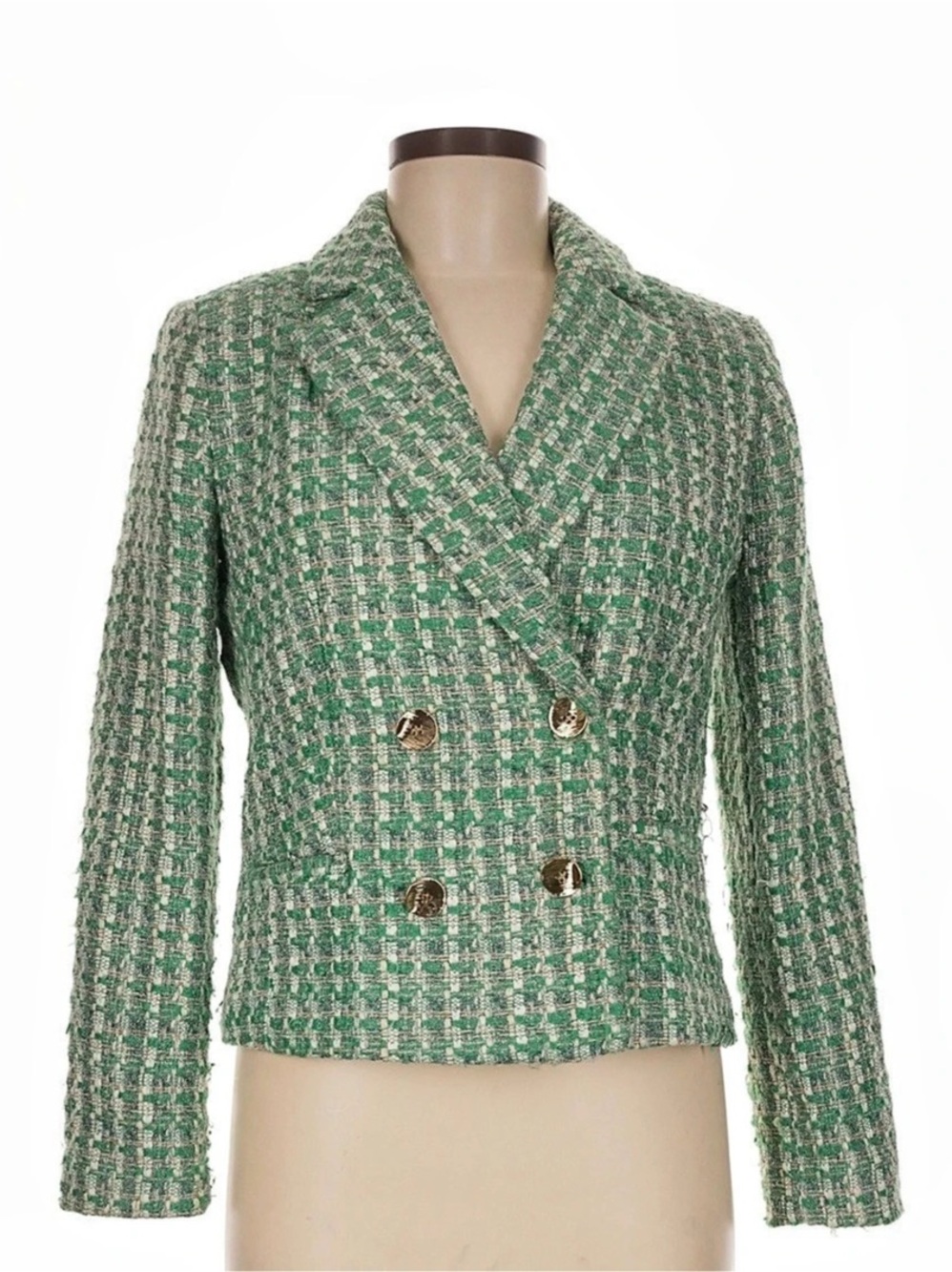 Primark Textured Tweed Double-Breasted Blazer Green & White Checkered